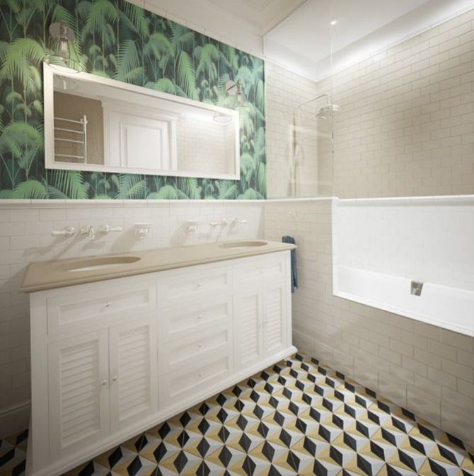 дизайн ванной с плиткой под белый кирпич